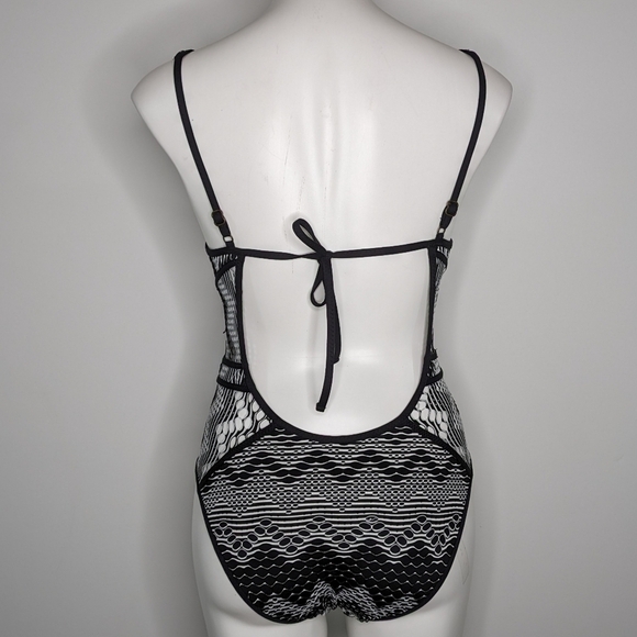 Becca black white mesh semi sheer low cut one piece swimsuit M - Picture 7 of 13